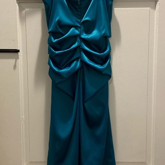 $140 Suzi Chin for Maggy Boutique teal cocktail dress with ruching. Sz 8 or 10 - Picture 6 of 12